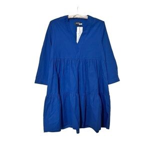 [NWT] Indigo Blue Long Sleeve V-Neck A-Line Tiered Cotton Babydoll Dress - Sz S